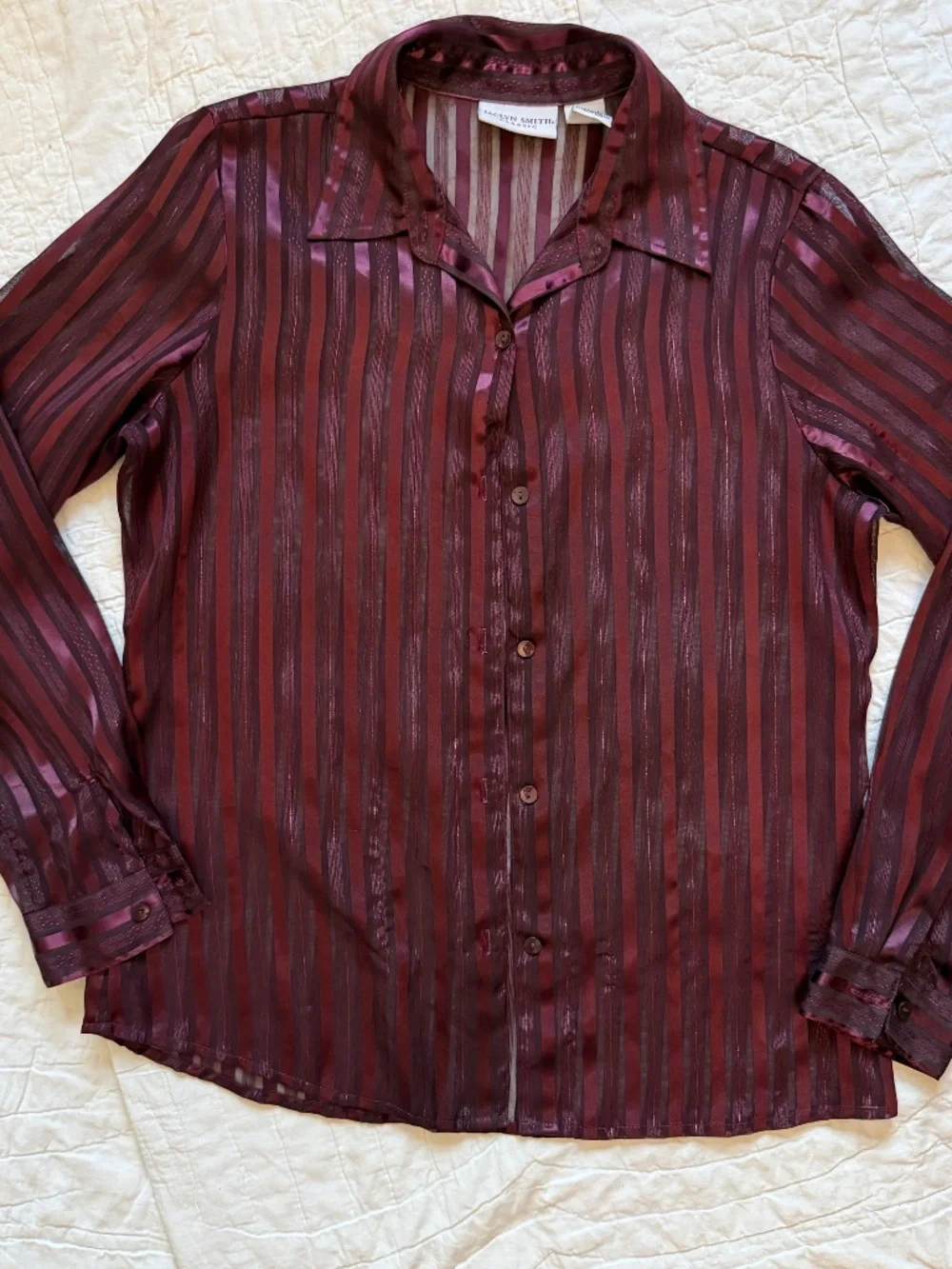 Y2K Jaclyn Smith Maroon Satin-Stripe Sheer Blouse